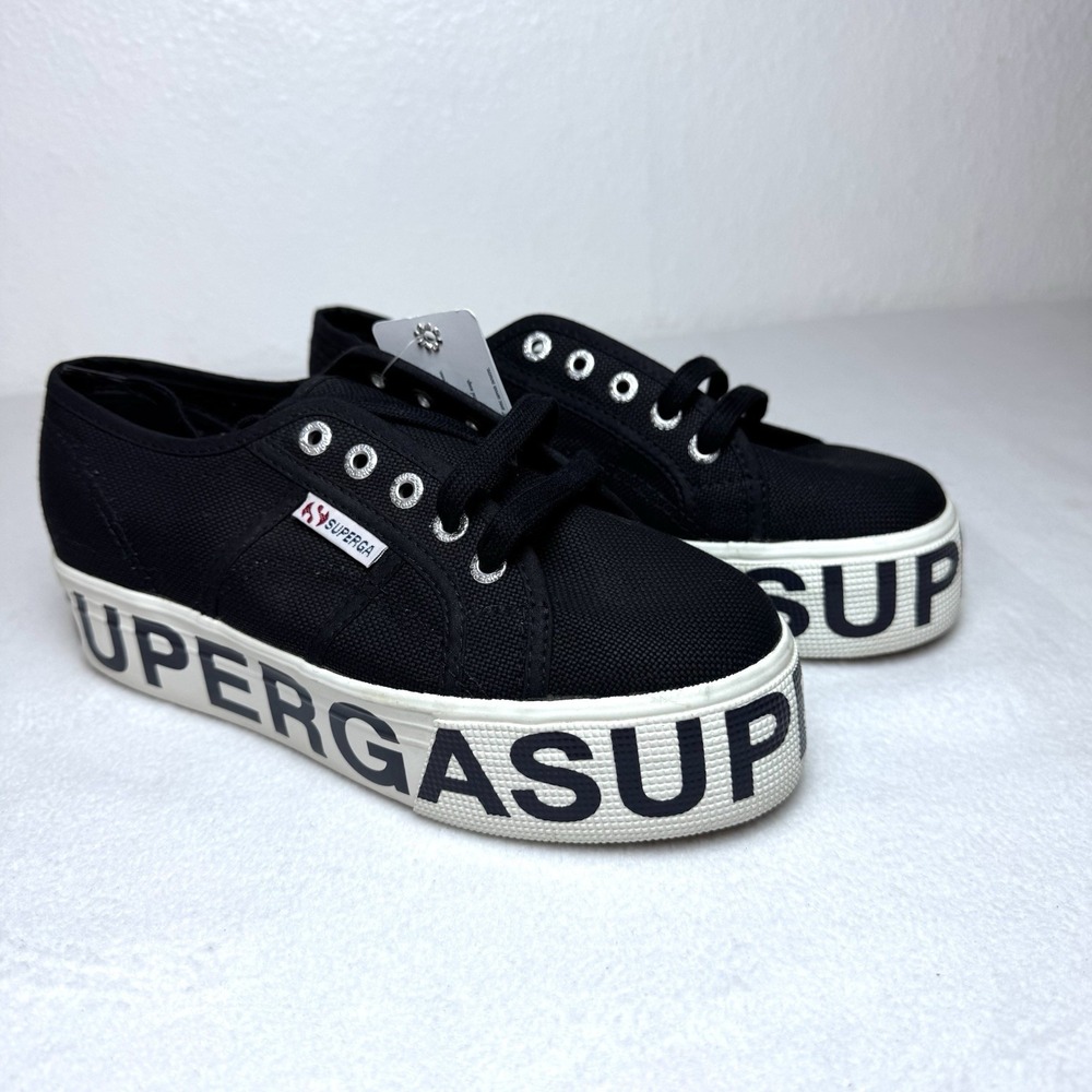 Superga 2790 Platform Sneakers Outsole Lettering Women's US 7 Black White Shoes